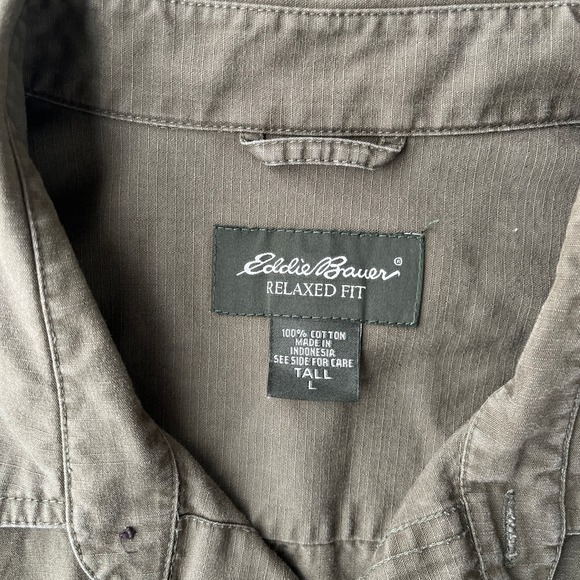 Eddie Bauer Relaxed Fit Mens Button Up Work Utility Shirt Olive Green L Tall - Picture 2 of 6